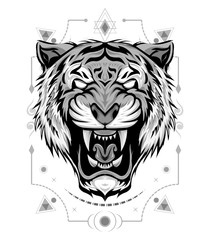 Tiger logo. Black white illustration of a tiger head. Portrait of a predator. Tattoo wild cats.