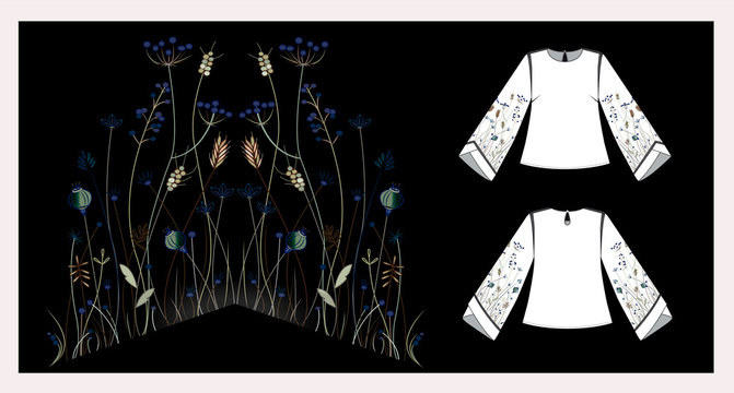 Wild flowers and grass in the field at night, embroidery blouse design vector. Тechnical clothing sketch.
