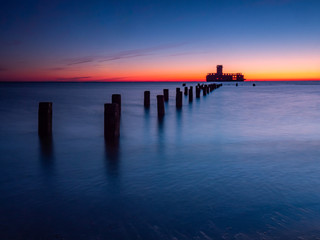 Obraz premium German's Torpedo Station, ruins from World War 2 at the sunrise. Long exposure photography. Gdynia Poland 