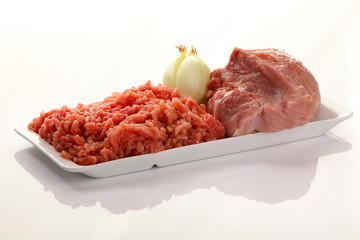 Mince and meat isolated on white background. Raw meat on a white plate