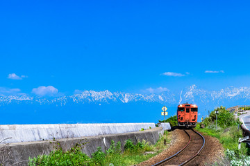 列車と雨晴海岸