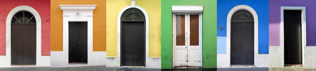 A panoramic rainbow collage of multicolored doors in Red, Orange, Yellow, Green, Blue & Purple symbolizing gay pride.