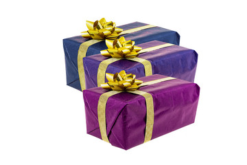 assorted giftbox boxes dark lilac purple paper festive gift ribbon white background