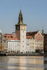 Czech Republic, Prague, March 2017. Vertical tower of the Charles Bridge embankment of the Vltava river central area of the city