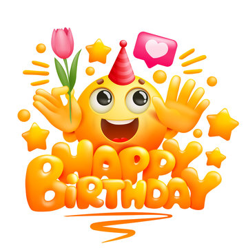 Happy birthday greeting card template in cartoon style. Yellow emoji character with tulip flower in hand