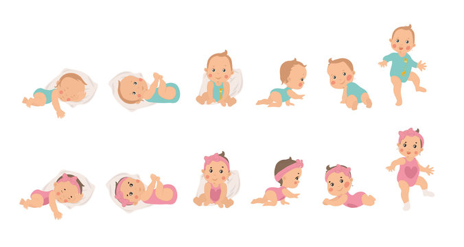 Set of young baby health and development icons for a boy and girl from newborn to sitting, crawling and finally waking, vector illustrations isolated on white