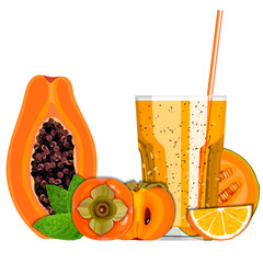 Orange color blended smoothie in a glass with ingredients vector illustration