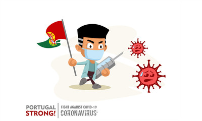 Person holding nation flag and vaccine syringe fighting coronavirus pandemic or coronavirus outbreake 2019 COVID-19. Vector illustration against corona covid-19 virus. Scalable and editable vector.