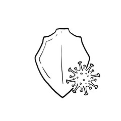 hand drawn virus protection concept with shield and virus cells on white background. Antibiotics, vaccination. Modern wireframe design vector illustration.doodle
