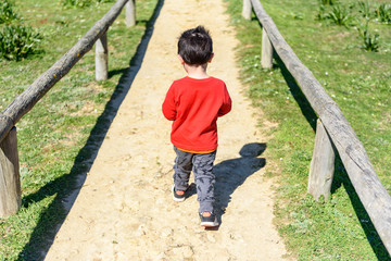 Niño pequeño con camiseta roja en prado verde 