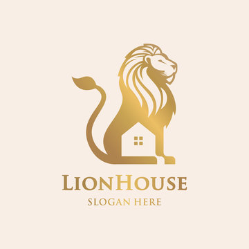Luxury Lion with House icon logo design template