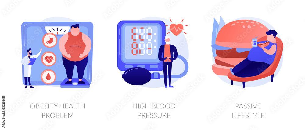 Poster overweight issue, heart disease treatment, unhealthy pastime icons set. obesity health problem, high