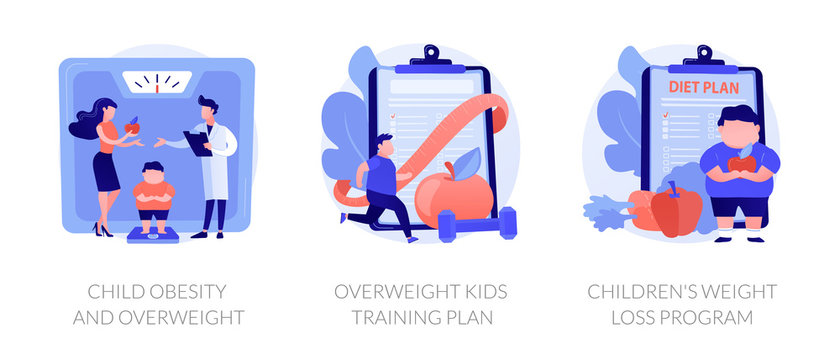 Unhealthy Lifestyle, Vegetarian Diet Icons Set. Child Obesity And Overweight, Overweight Kids Training Plan, Childrens Weight Loss Program Metaphors. Vector Isolated Concept Metaphor Illustrations