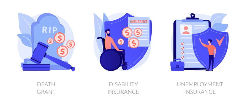 Deceased Employee Funeral Expenses Coverage. Disabled Individuals Allowance. Death Grant, Disability Insurance, Unemployment Insurance Metaphors. Vector Isolated Concept Metaphor Illustrations.