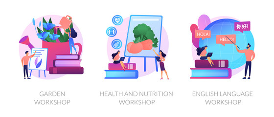 Special gardener, nutritionist and linguist education icons set. Garden workshop, health and nutrition workshop, foreign language workshop metaphors. Vector isolated concept metaphor illustrations