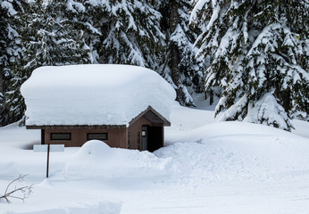 Snow covered outhouse at the Nordic Ski Trails