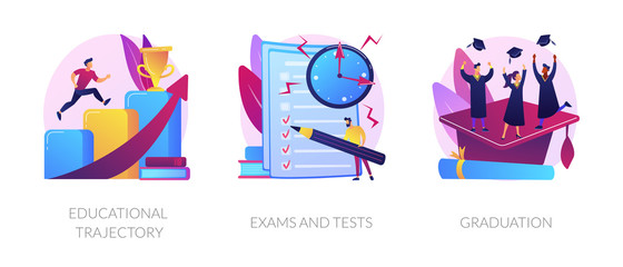 Personal growth, knowledge check, academic certificate obtaining icons set. Educational trajectory, exams and tests, graduation metaphors. Vector isolated concept metaphor illustrations