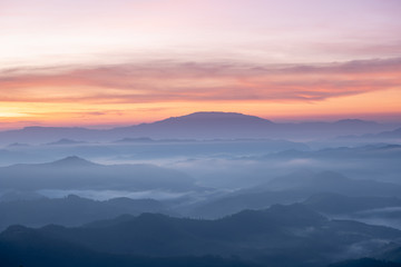 Naklejka na ściany i meble Landscape of Sunrise and sea of clouds over mountains layer District Mae Hong Son, THAILAND.