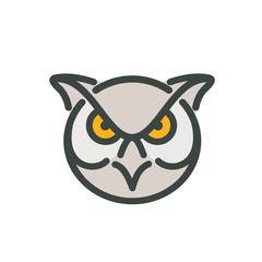 Mono line illustration of head of an angry great horned owl viewed from front on isolated white background done in monoline style.