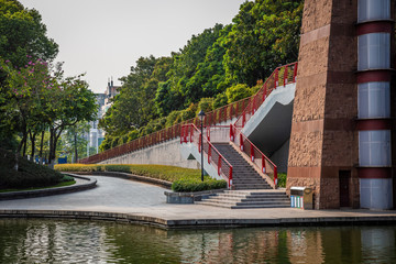 Naklejka premium sunset view of red footbridge, no people,