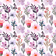 pink purple wild flower watercolor seamless pattern