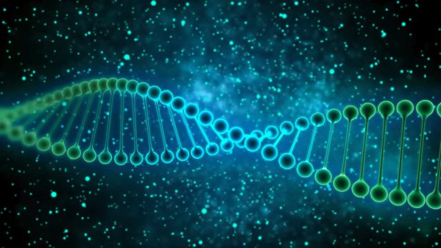 3D animation of abstract DNA on glowing light blue animated particles. Conceptual design of genetic information for science animation. glowing rotating DNA.
