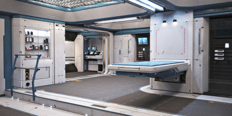 Sci fi futuristic interior of a medical bay with treatment bed and various healthcare equipment and medicines  . 3d rendering  © Digital Storm