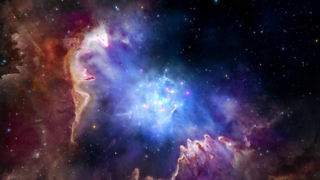 Traveling through the stars and interstellar space. Cosmic nebula. Blue purple starry background