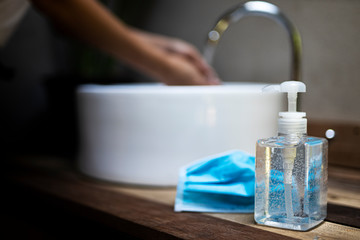 alcohol gel and medical surgical masks for virus protection.