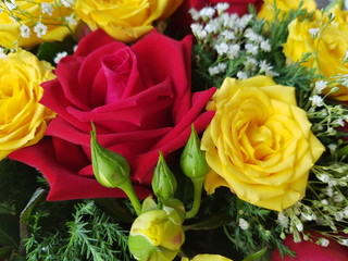 bouquet of yellow and red roses