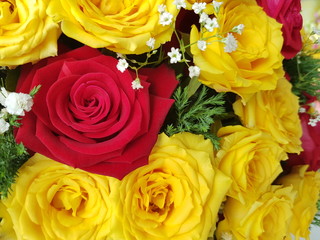 bouquet of yellow and red roses