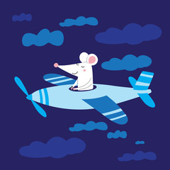 Vector illustration of cute rat pilot in plane flying among clouds.