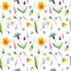Wild flowers pattern. Floral background with watercolor poppies, daisies, cornflowers, green leaves.