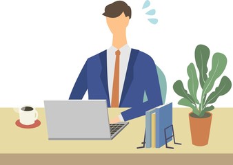 男性　デスクワーク　テレワーク　リモートワーク　ビジネス　自宅　ノートパソコン　ベクター　イラスト　困った