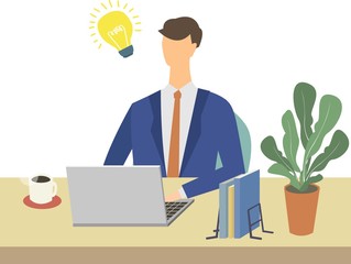 男性　デスクワーク　テレワーク　リモートワーク　ビジネス　自宅　ノートパソコン　ベクター　イラスト　閃き　アイディア