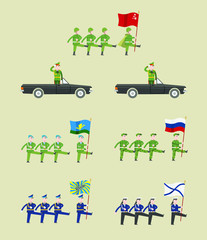 Soldiers, pilots, sailors, paratroopers in uniform marching at the parade. At the head of the commander marching with a flag in his hands. The commander is driving, salutes. Flat infographics.