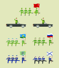Fototapeta premium Soldiers, pilots, sailors, paratroopers in uniform marching at the parade. At the head of the commander marching with a flag in his hands. The commander is driving, salutes. Flat infographics.