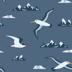 Flying albatross and tern in Antarctica seamless pattern.