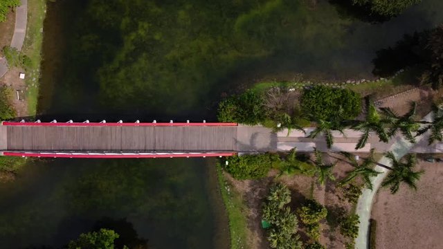 looking down and flying over a park from left to right - palm trees, red bridge, small lake, algee
