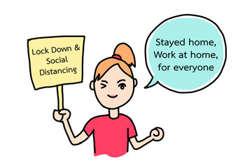 Women with Sign and speech about COVID-19. Social Distancing and stayed at home, work at home when  lockdown city or country for slow down the outbreak. Drawing vector illustration with layers.
