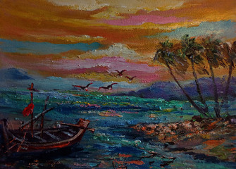 Fototapeta na wymiar Art Oil painting color Boat Sky wave sea