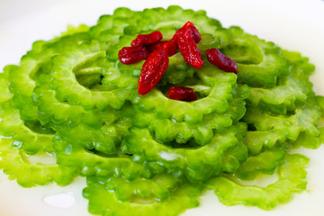 Sliced Bitter melon , Bitter gourd in the white plate