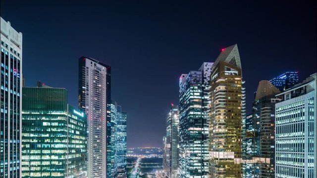 Singapore - Jan 2019 - 4K night Tilt Shift Miniature Timelapse of Business District, commercial and residential, Singapore.