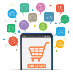 Mobile application for shopping, Online supermaket, Smartphone with shopping app.