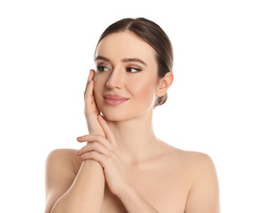 Portrait of young woman with beautiful face on white background