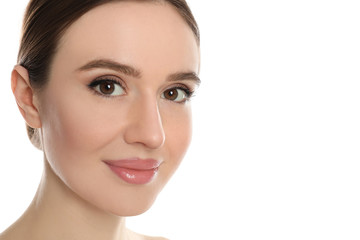 Fototapeta premium Portrait of young woman with beautiful face on white background