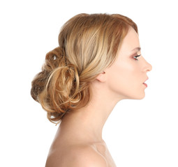 Portrait of beautiful woman with blonde hair on white background