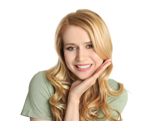 Naklejka premium Portrait of beautiful young woman with dyed long hair on white background