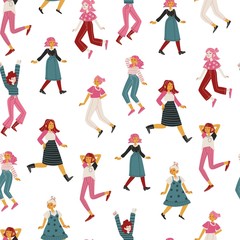 Vector seamless pattern with young women in flat style on the white background.