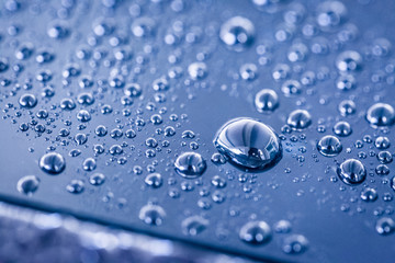 Water droplets on blue
